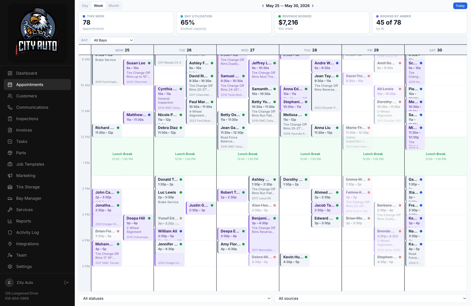 City Auto appointments calendar — week view with color-coded bays