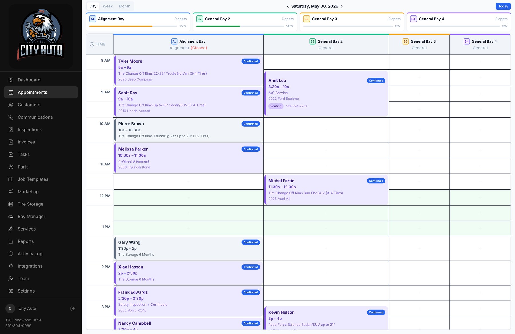 Booking calendar showing a color-coded week of appointments