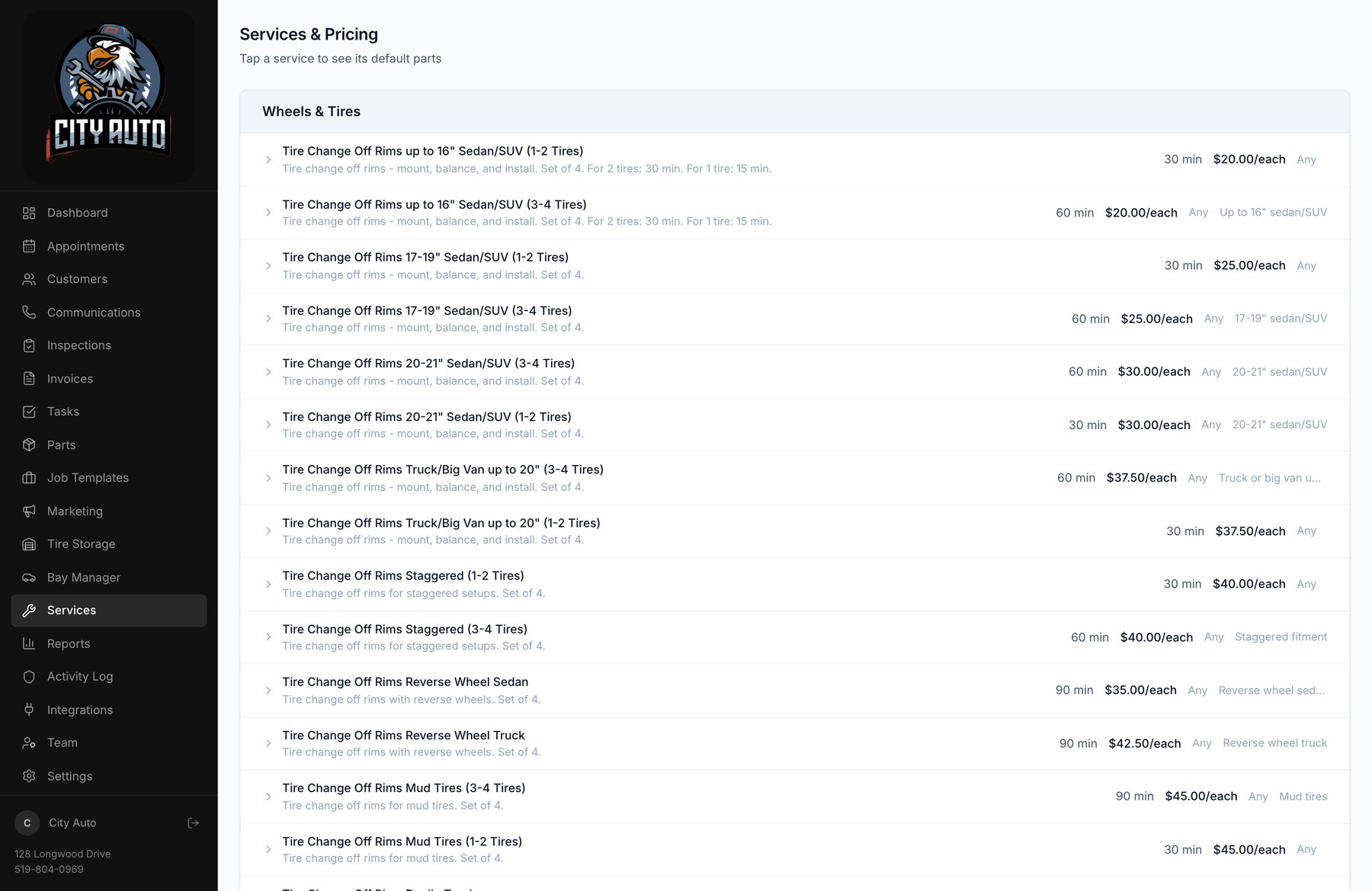 Services pricing catalog